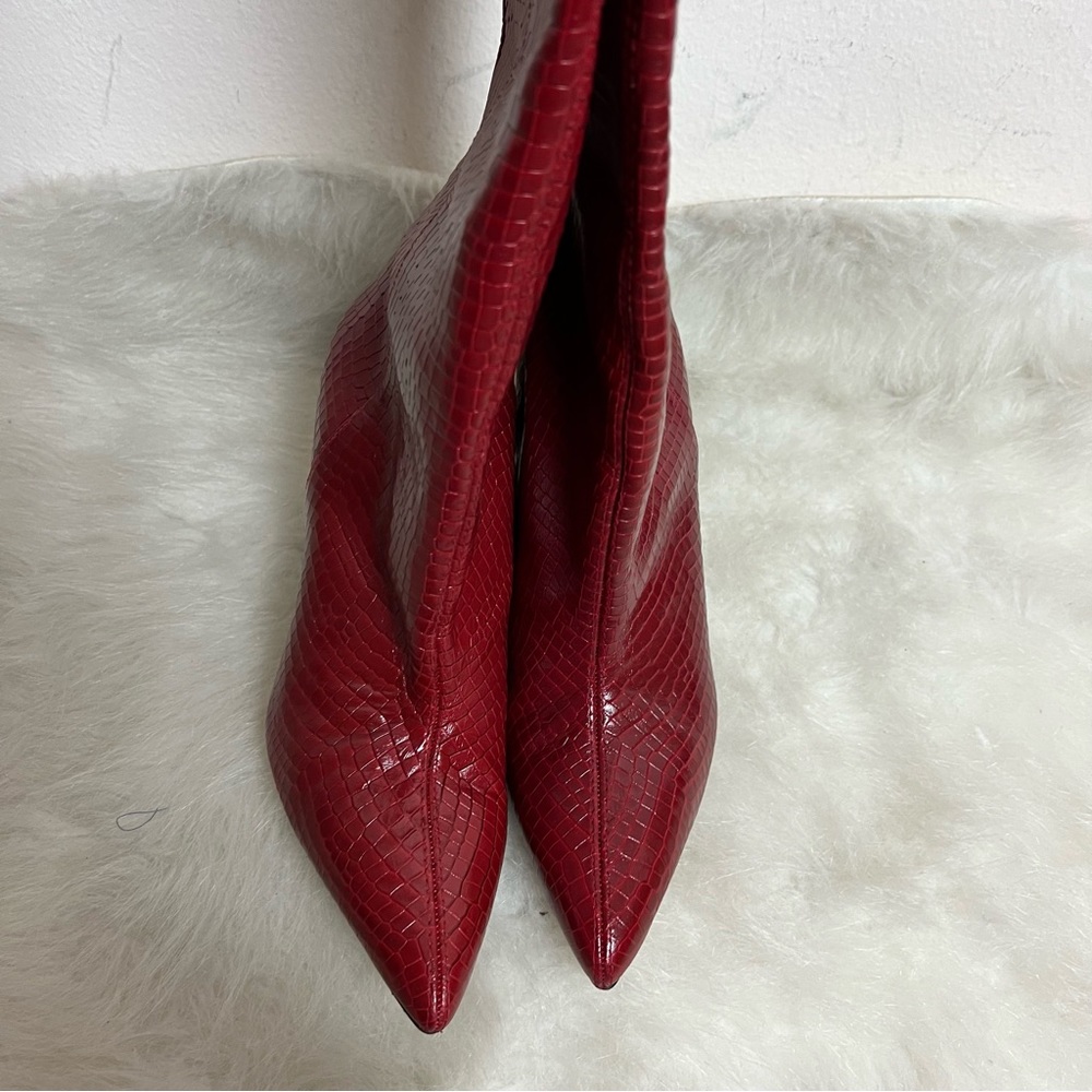 Stuart Weitzman Parton Red Croc Snakeskin Leather Tall Heel Boots - Picture 8 of 14